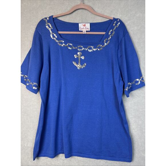 Quacker Factory Shirt Womens 1X Blue Silver Metallic Sequin Anchor Nautical Art - Picture 1 of 5